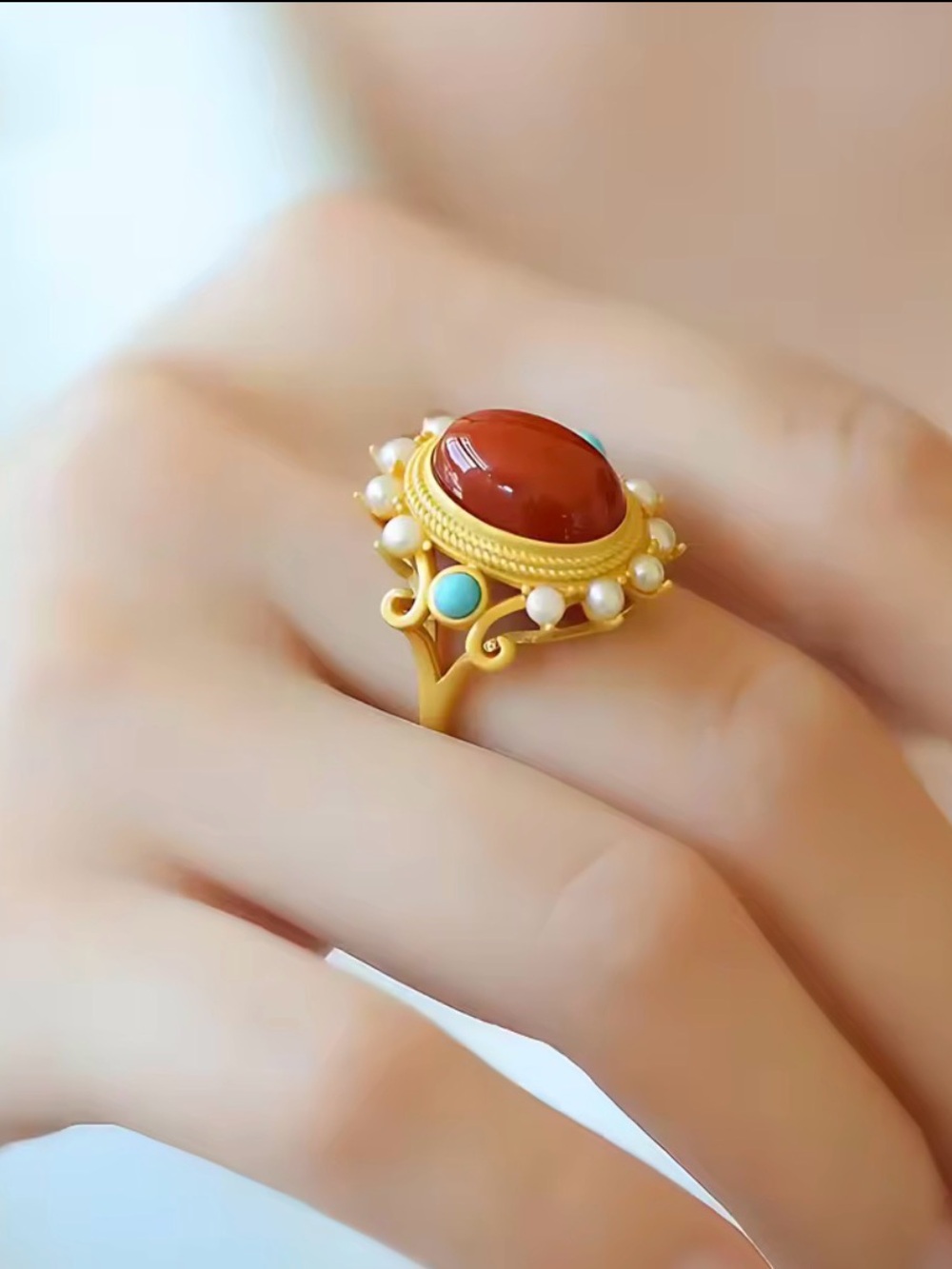 925 Gold-Tone Red Carnelian Cabochon Ring with Pearls and Turquoise Accents